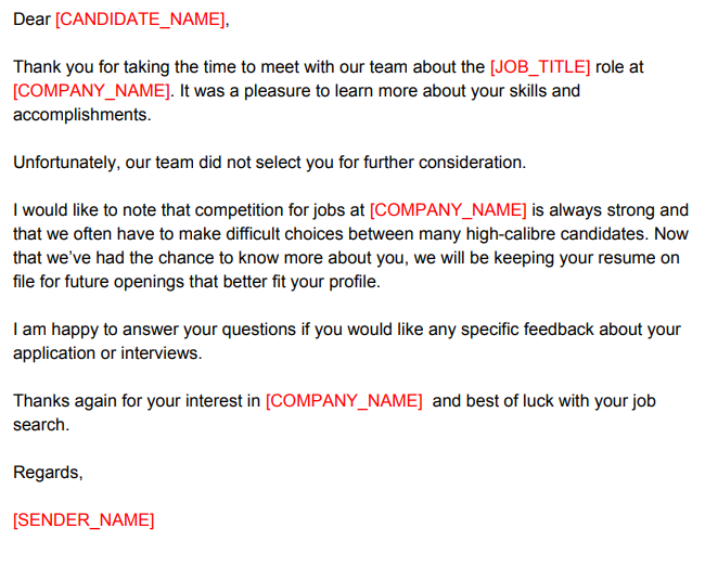 Candidate rejection email sample